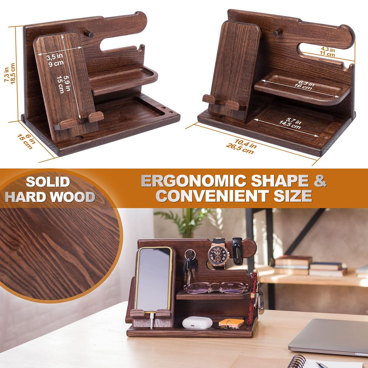 Wooden Desk Organizer for Men – Multi-Function Phone Stand, Watch & Glasses Holder, Key & Wallet Tray (Vintage Brown)