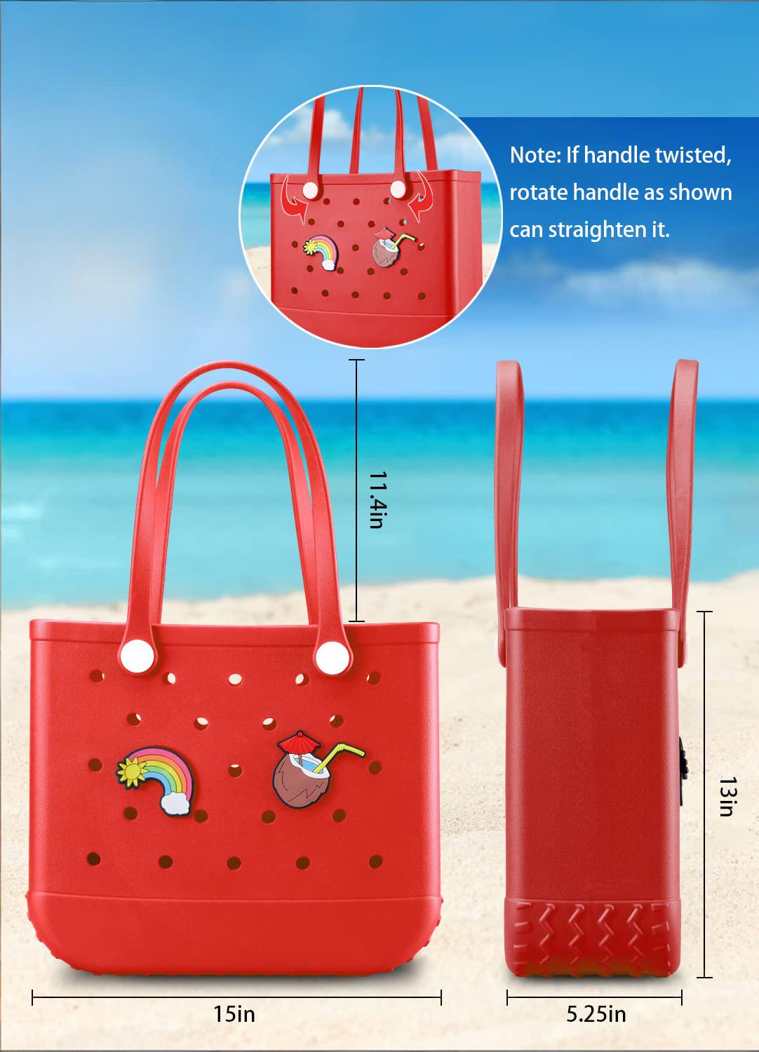 EVA Beach Tote Bag for Swimming, Pool & Travel – Waterproof Washable Rubber Handbag with 2 Random Charms, Lightweight & Sand-Resistant (Red) | Other Colors Available in Store