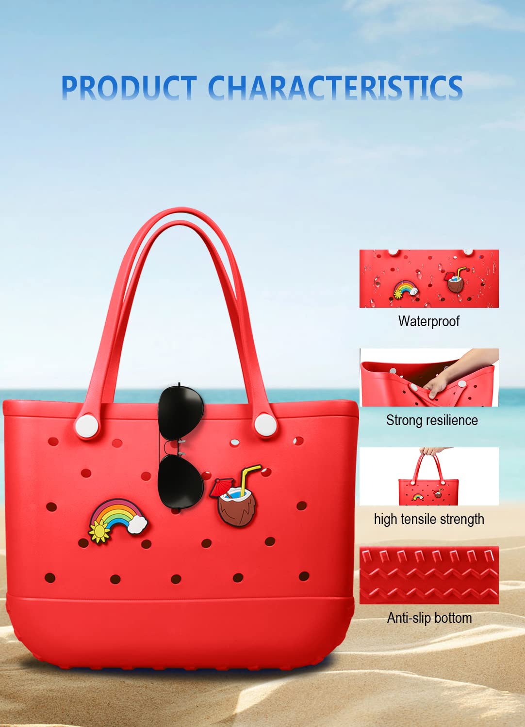 EVA Beach Tote Bag for Swimming, Pool & Travel – Waterproof Washable Rubber Handbag with 2 Random Charms, Lightweight & Sand-Resistant (Red) | Other Colors Available in Store
