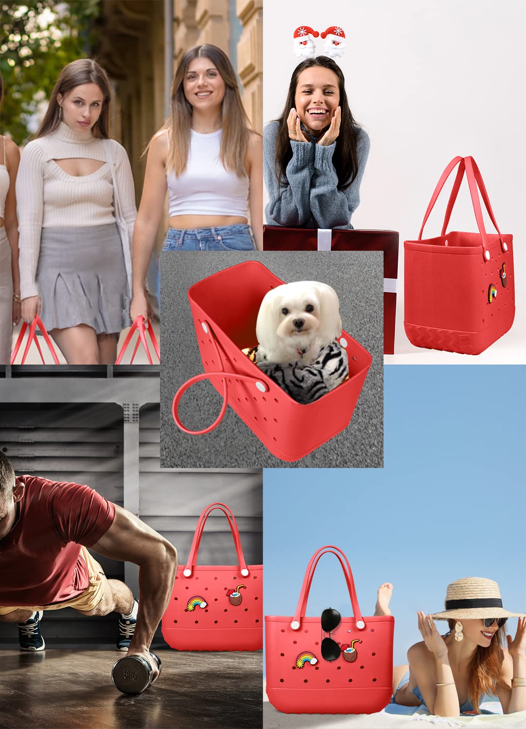 EVA Beach Tote Bag for Swimming, Pool & Travel – Waterproof Washable Rubber Handbag with 2 Random Charms, Lightweight & Sand-Resistant (Red) | Other Colors Available in Store