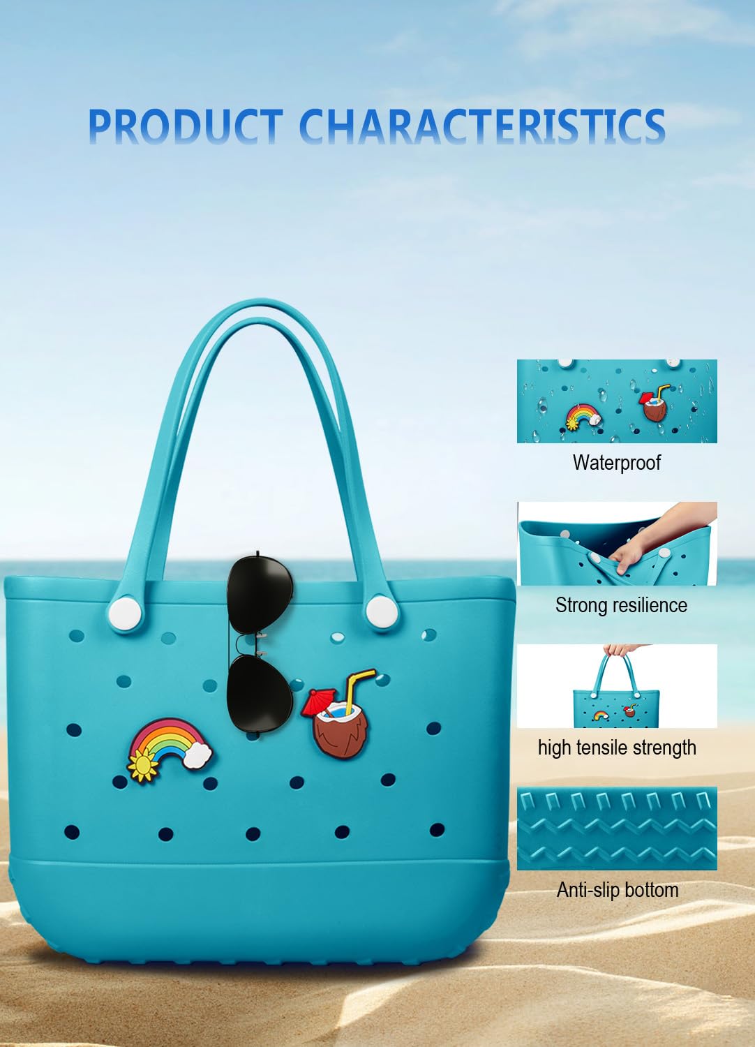 EVA Beach Tote Bag for Swimming, Pool & Travel – Waterproof Washable Rubber Handbag with 2 Random Charms, Lightweight & Sand-Resistant (Blue) | Other Colors Available in Store