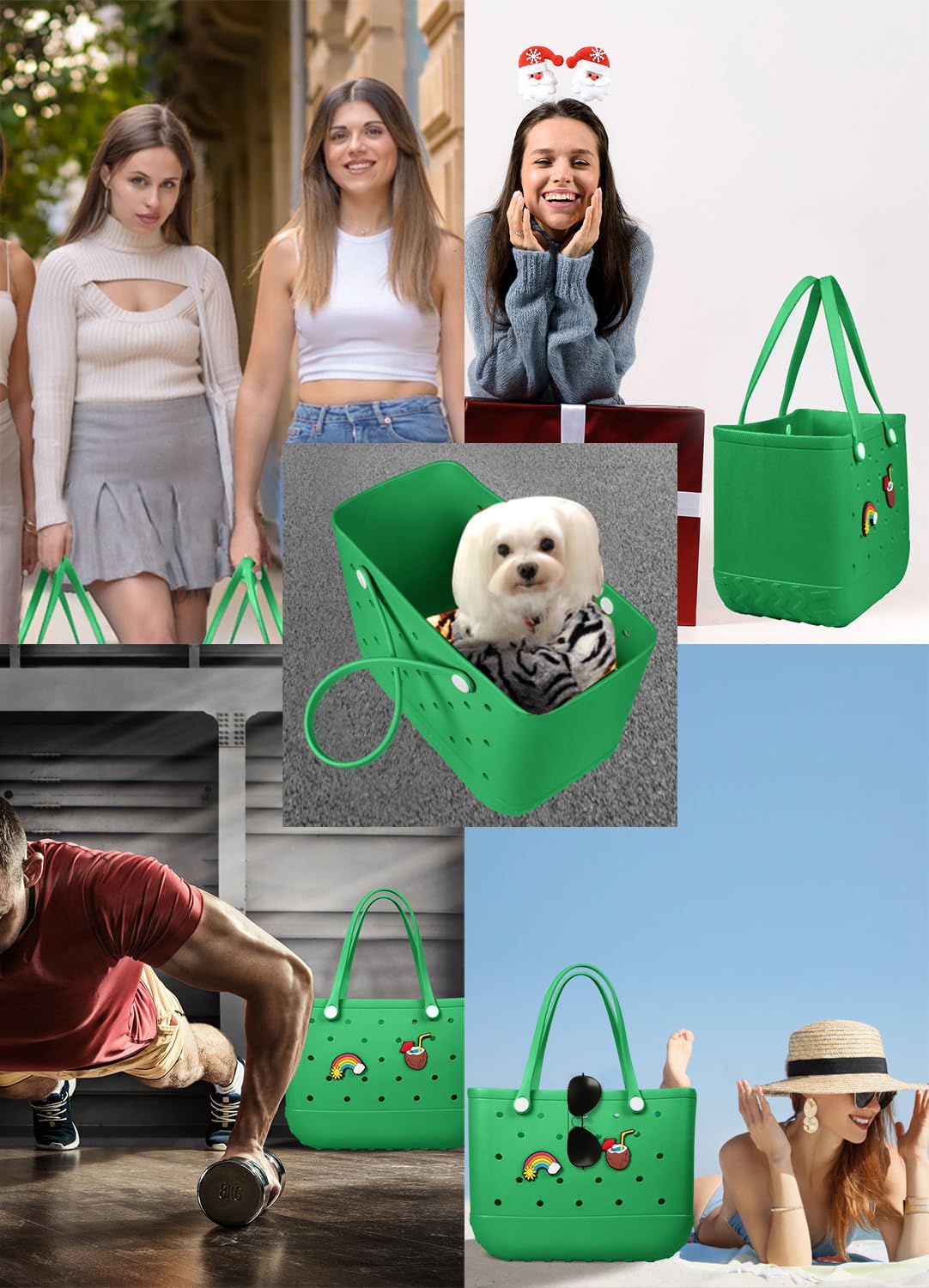 EVA Beach Tote Bag for Swimming, Pool & Travel – Waterproof Washable Rubber Handbag with 2 Random Charms, Lightweight & Sand-Resistant (Green) | Other Colors Available in Store