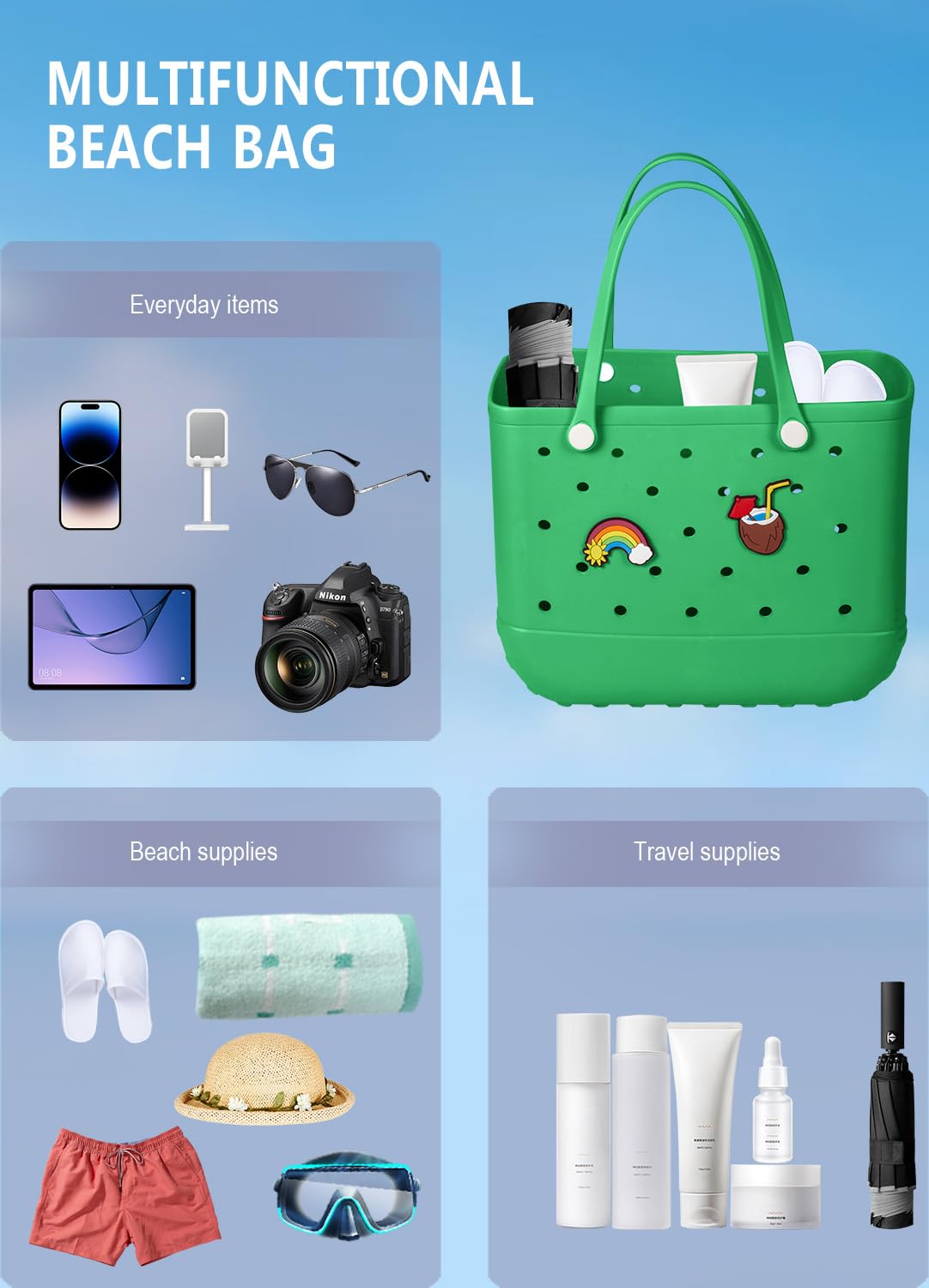 EVA Beach Tote Bag for Swimming, Pool & Travel – Waterproof Washable Rubber Handbag with 2 Random Charms, Lightweight & Sand-Resistant (Green) | Other Colors Available in Store