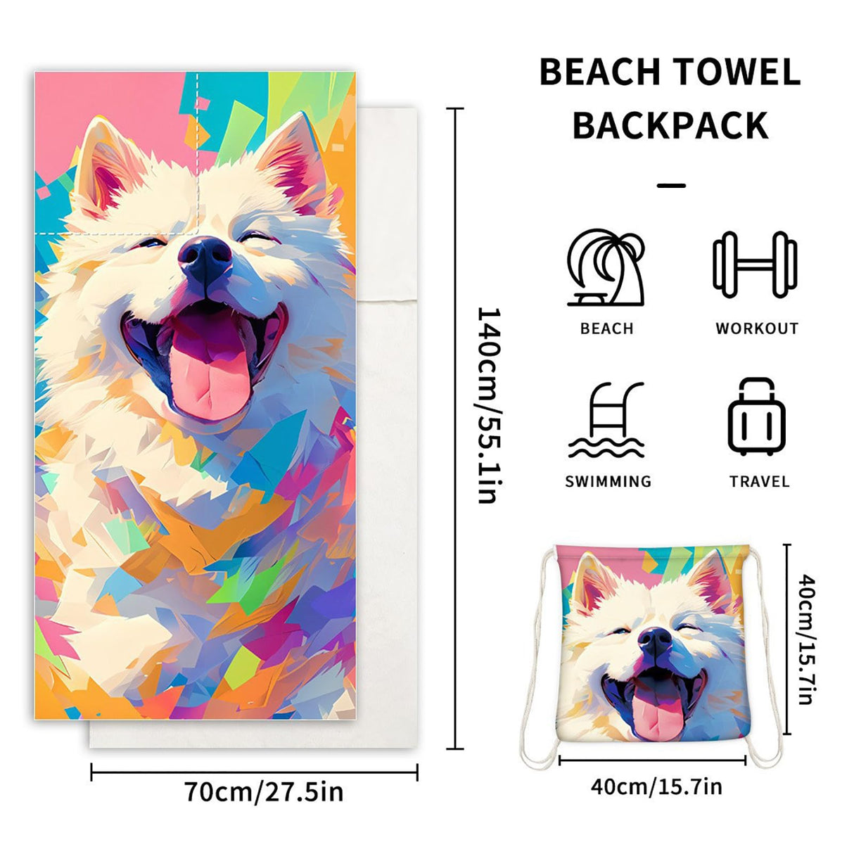Dual-Function Foldable Beach Towel with Built-in Backpack – Soft Microfiber Towel & Compact Carry Bag in One, 55-Inch Large Size for Swimming, Travel,