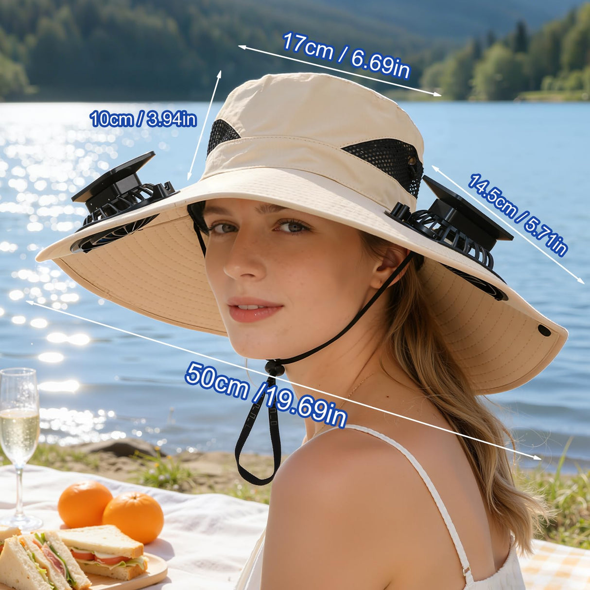 Solar-Powered Dual-Fan Sun Hat – UPF 50+ Wide-Brim Outdoor Hat with 2 USB/Solar Rechargeable Fans, Adjustable Strap, Breathable Mesh, for Fishing, Hiking, Beach & Gardening; Unisex Cooling Cap with 800mAh Battery (Grey)