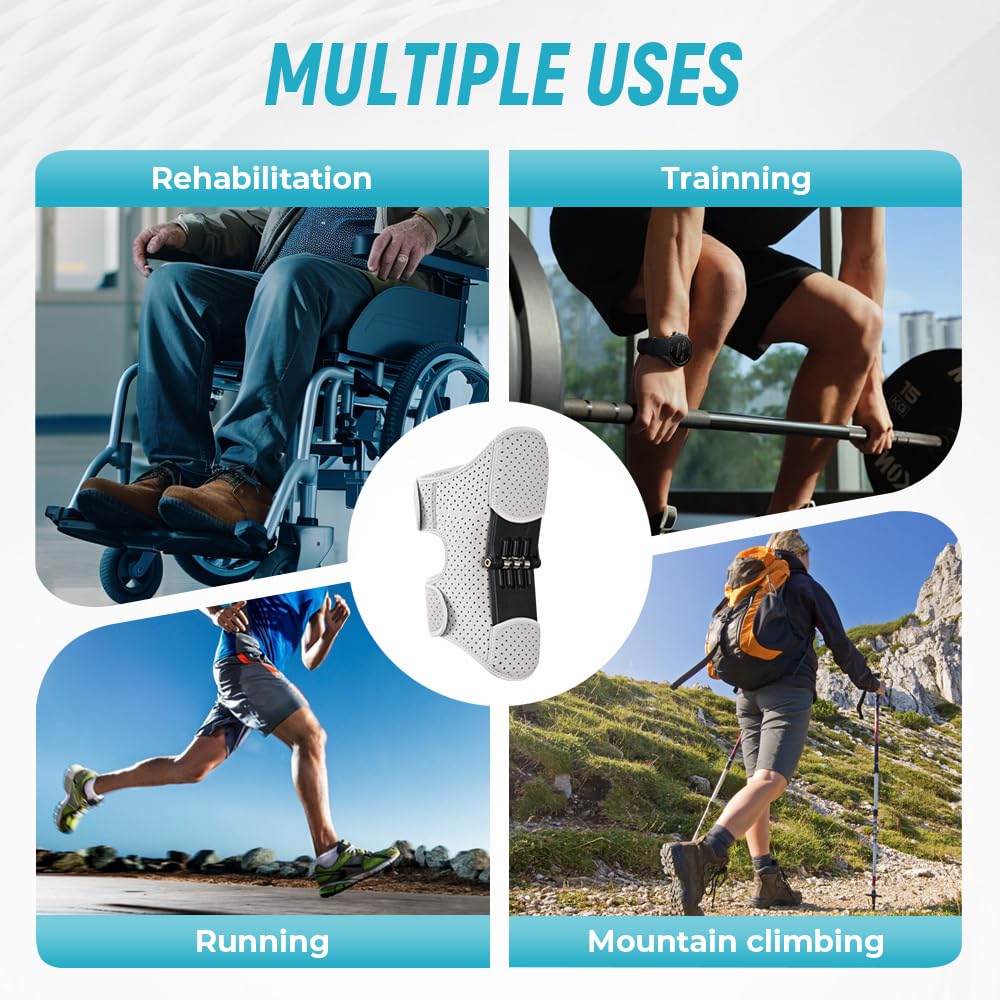 Knee Assistive Brace with Carbon Steel Spring Support – Breathable Perforated Sleeve, Adjustable Straps, Joint Stabilization & Pain Relief for Walking, Running, Hiking, Rehabilitation; Unisex Design for Men & Women (Grey)