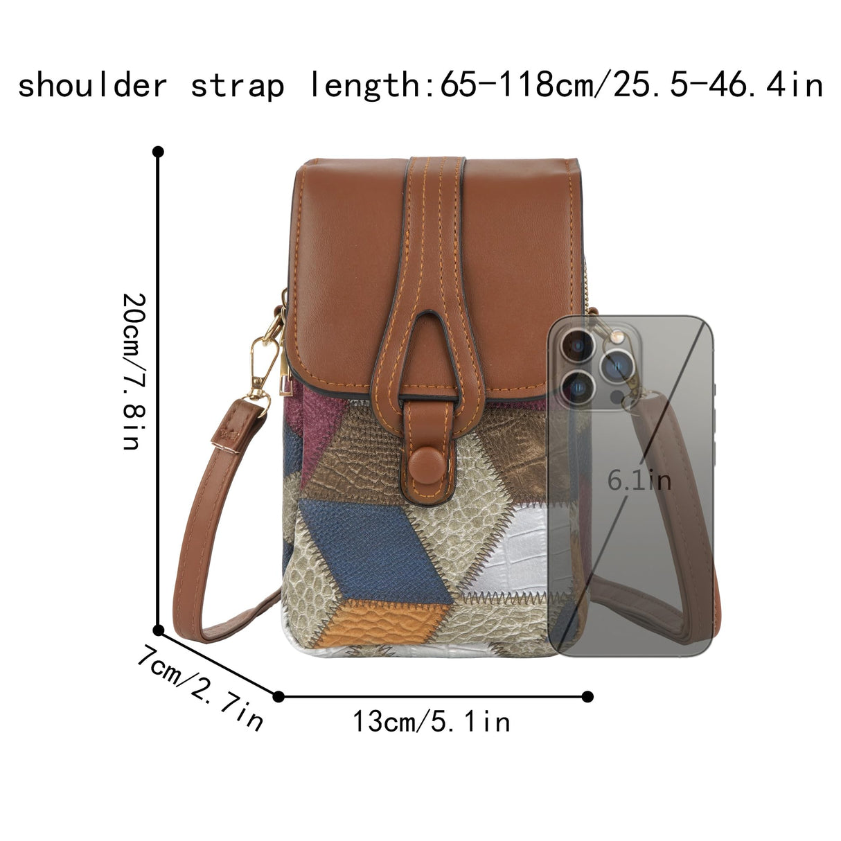 Color-Block Diamond Pattern PU Leather Crossbody Phone Bag – Retro Mini Wallet with Adjustable Strap & Dual Zipper Closure (Brown)