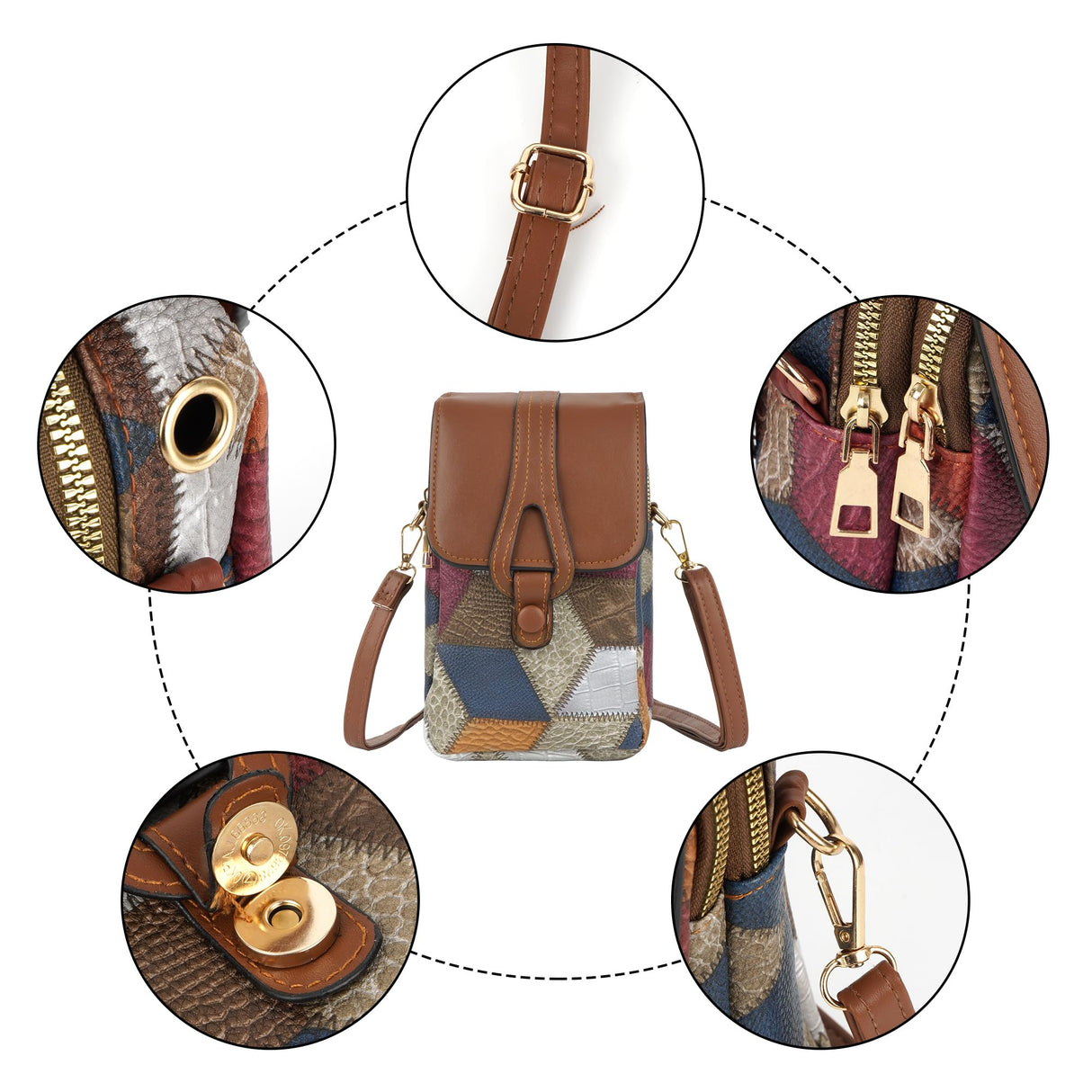 Color-Block Diamond Pattern PU Leather Crossbody Phone Bag – Retro Mini Wallet with Adjustable Strap & Dual Zipper Closure (Brown)