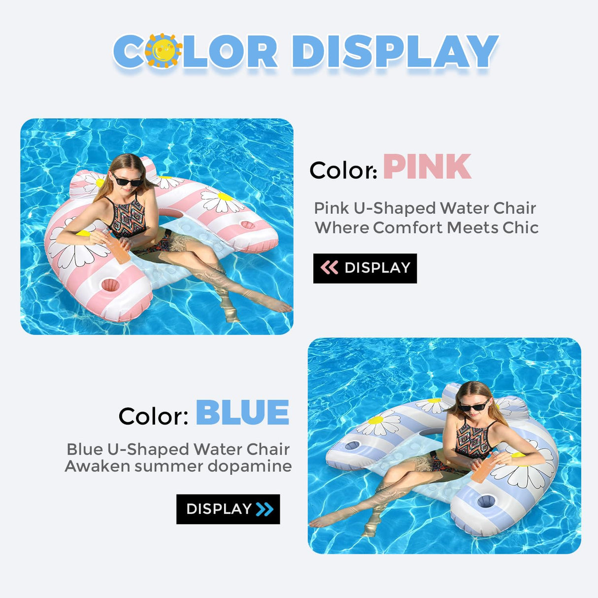 Daisy Inflatable Pool Floats 2-Pack for Adults: U-Shaped Lounge Chairs with Cup Holders, Portable for Pool, Beach, Summer Fun