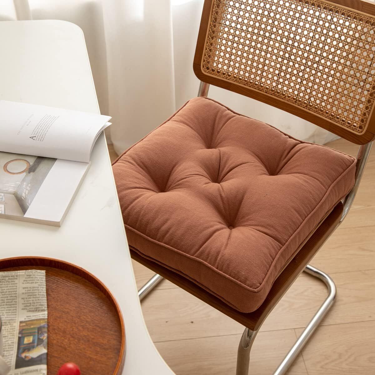43×43×6cm Linen Cotton Thick Seat Cushion: Plush, Solid-Colour, for Office & Home Chairs, Aussie Comfort Essential(Amber Brown)