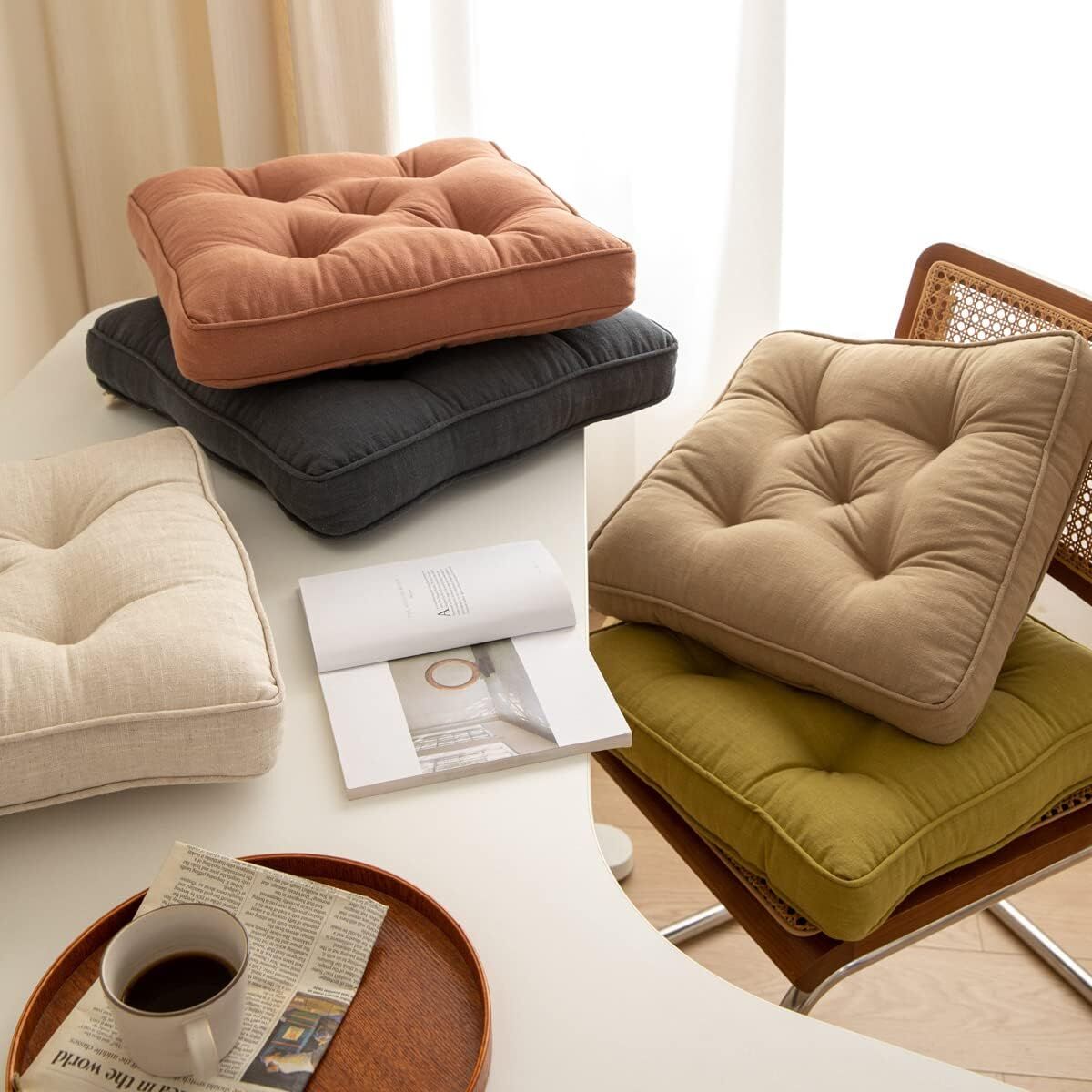 43×43×6cm Linen Cotton Thick Seat Cushion: Plush, Solid-Colour, for Office & Home Chairs, Aussie Comfort Essential(Amber Brown)