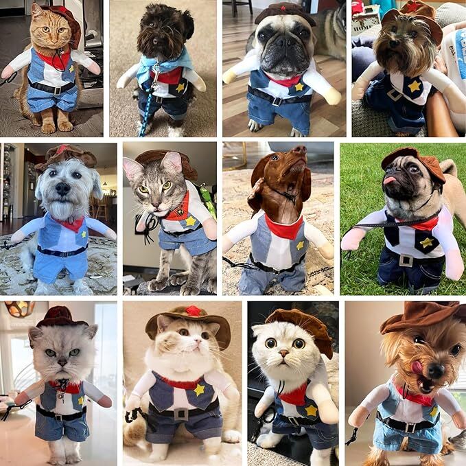pet products Small Dog Cowboy Costume with Hat 2pcs Funny Halloween Chucky Costumes Cool West Cowboy Uniform Puppy Denim Overalls Western Cosplay Sheriff Outfits Cat Apparel