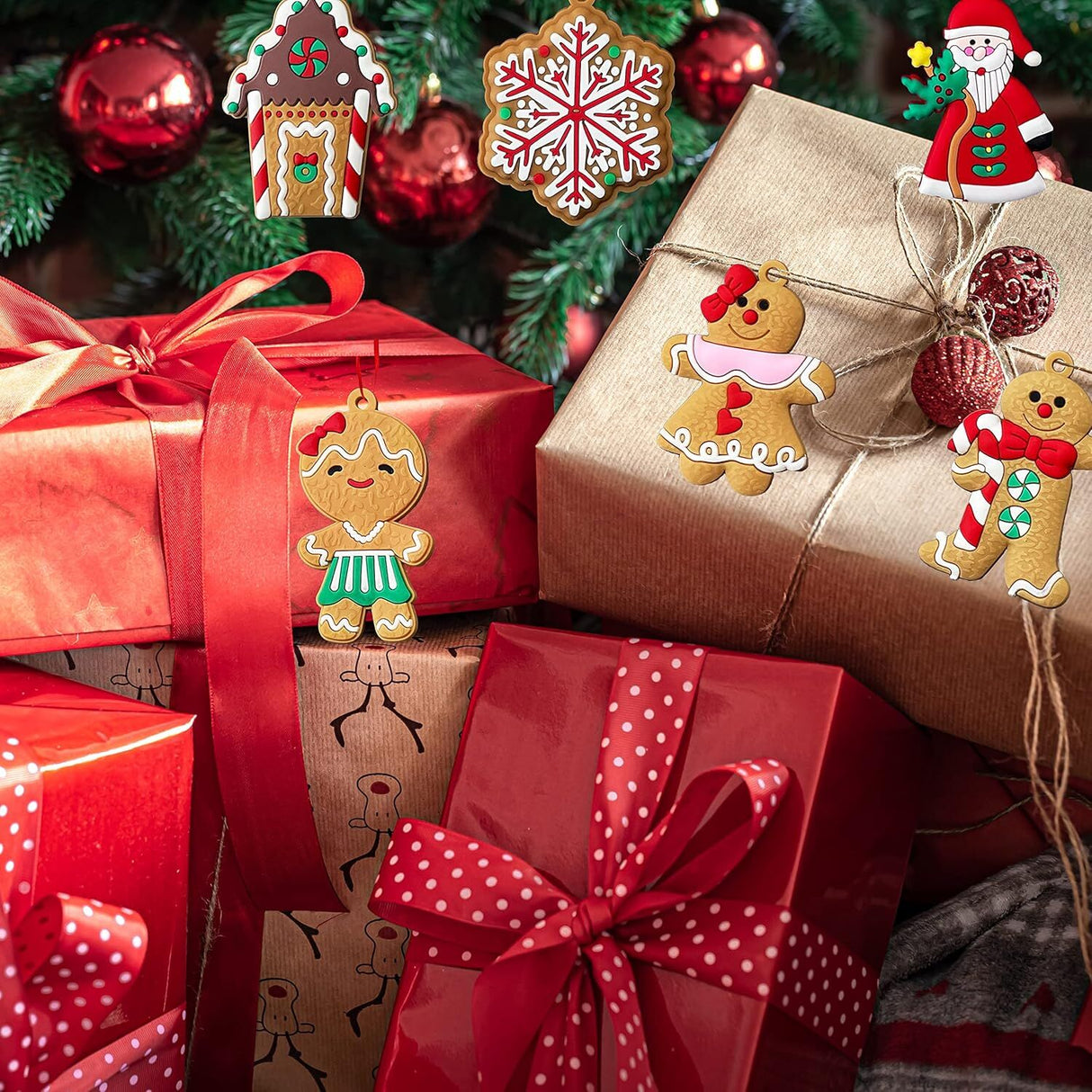 12pcs Christmas Ornaments Cute Snowman Xmas Tree Decorations Santa Claus Plastic Figurines Ornaments with Sugar Cookie House for Christmas Tree