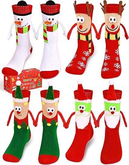 4 Pairs Christmas Socks, Crazy Holiday Hand Holding Socks Funny Christmas Stocking Stuffers