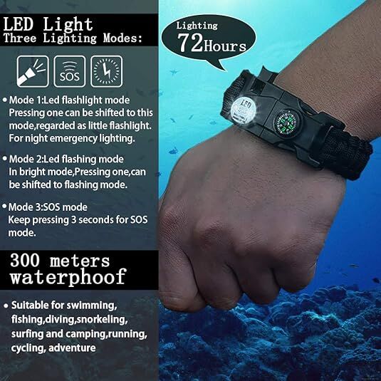 21 in 1 Survival Bracelet, Paracord Emergency Outdoor Sports Wristband Kit Waterproof Compass, SOS LED Light, Thermometer, Rescue Whistle, Fire