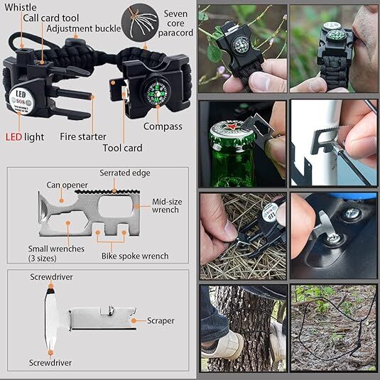 21 in 1 Survival Bracelet, Paracord Emergency Outdoor Sports Wristband Kit Waterproof Compass, SOS LED Light, Thermometer, Rescue Whistle, Fire