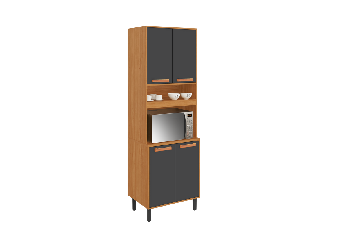 Flat Pack DIY Wooden Kitchen Cupboard/Pantry with 4 Doors + 6 Shelves in Graphite and Cinnamon Finish - Napoles