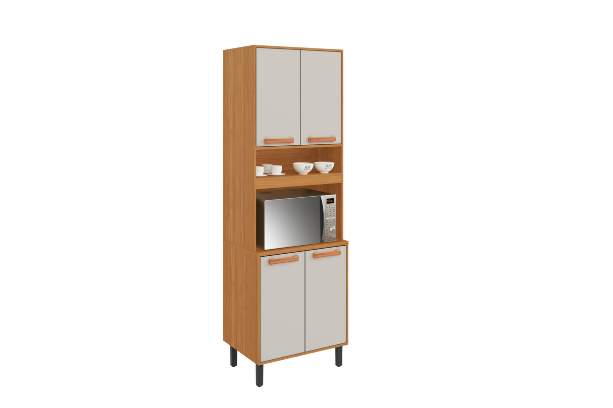 Flat Pack DIY Wooden Kitchen Cupboard/Pantry with 4 Doors + 6 Shelves in White and Cinnamon Finish - Napoles