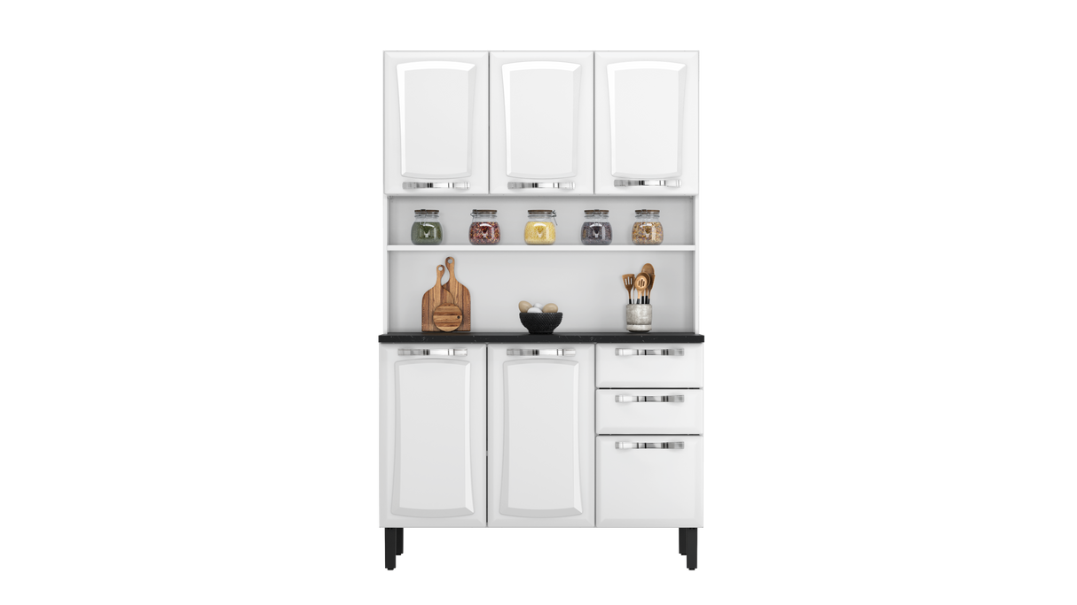 Free Standing Steel Kitchen Cabinet/Cupboard with Countertop Storage - Pratika White Flatpack DIY