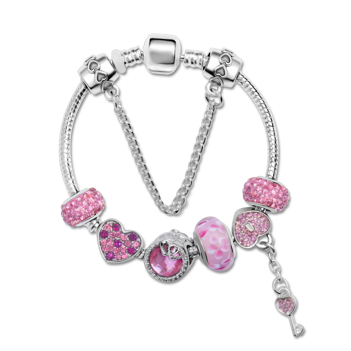 Rhinestone Heart & Bead Alloy Plated Bracelet with Happy Lock Pendant(19cm)
