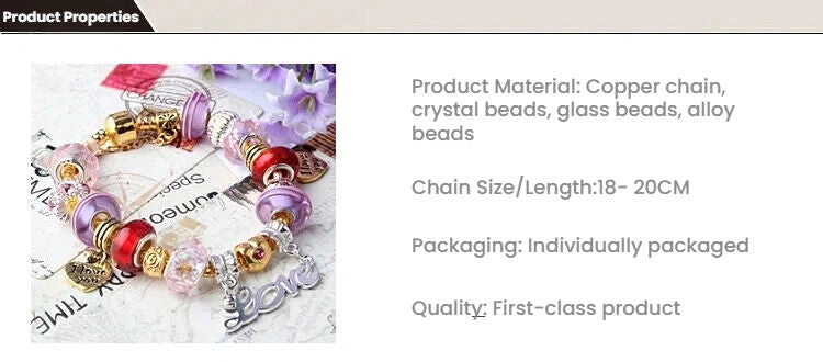 Love-Themed Beaded Bracelet with Crystal & Letter Pendant(20cm)