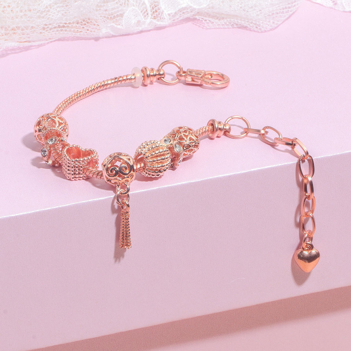 Rose Gold Hollow Carved Heart Bead Tassel Bracelet(19cm)
