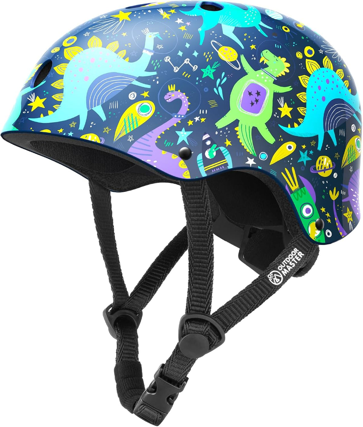 OutdoorMaster Youth & Kids Bike Helmet - Adjustable Multi-Sports Skateboard Helmet with Removable Liners for Balance Bike, Kids Scooter, One Wheel Hoverboard,Graffiti-style helmet-Dinoverse Madness-Medium