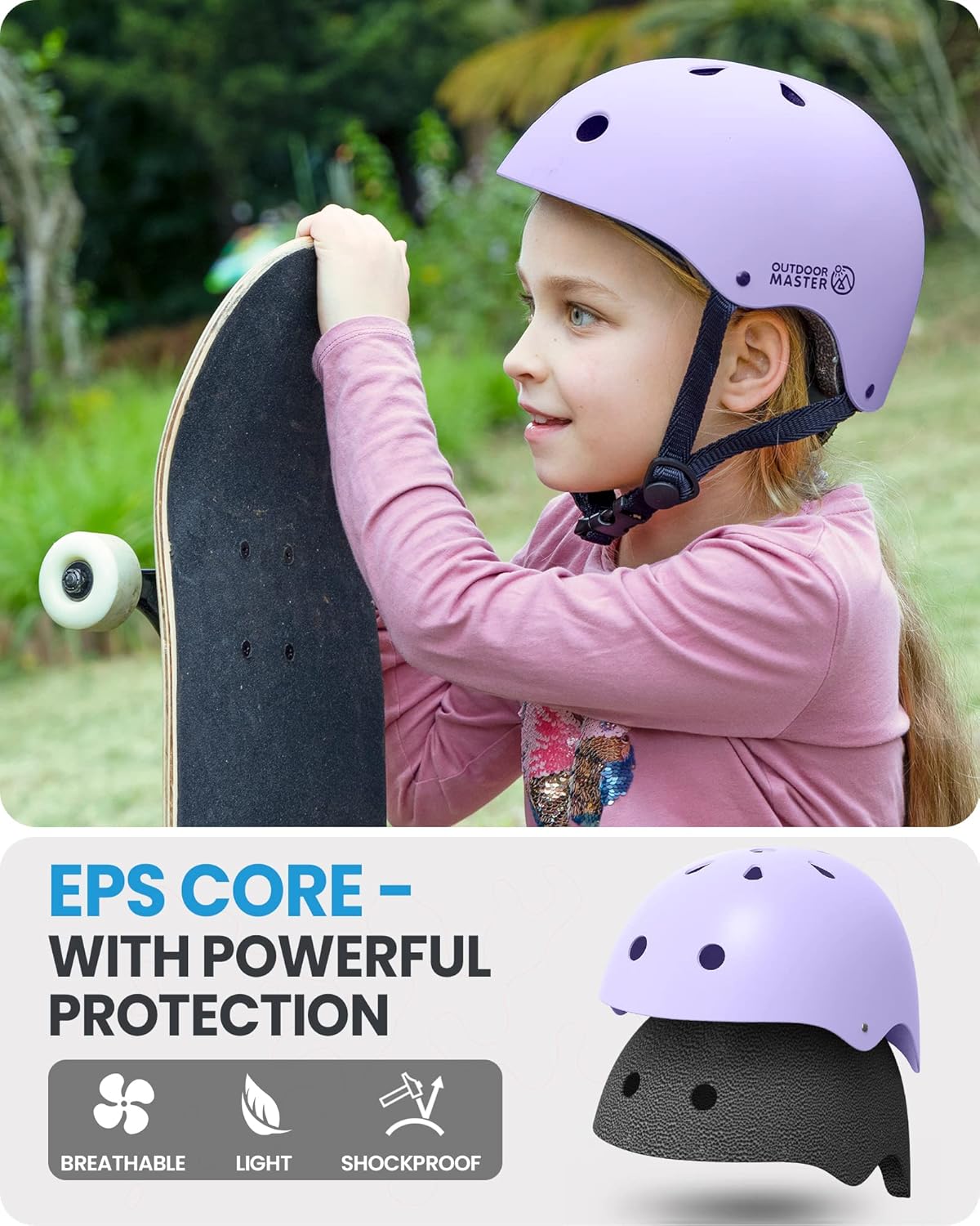 OutdoorMaster Youth & Kids Bike Helmet - Adjustable Multi-Sports Skateboard Helmet with Removable Liners for Balance Bike, Toddler Scooter, One Wheel Hoverboard-Taro purple-Large
