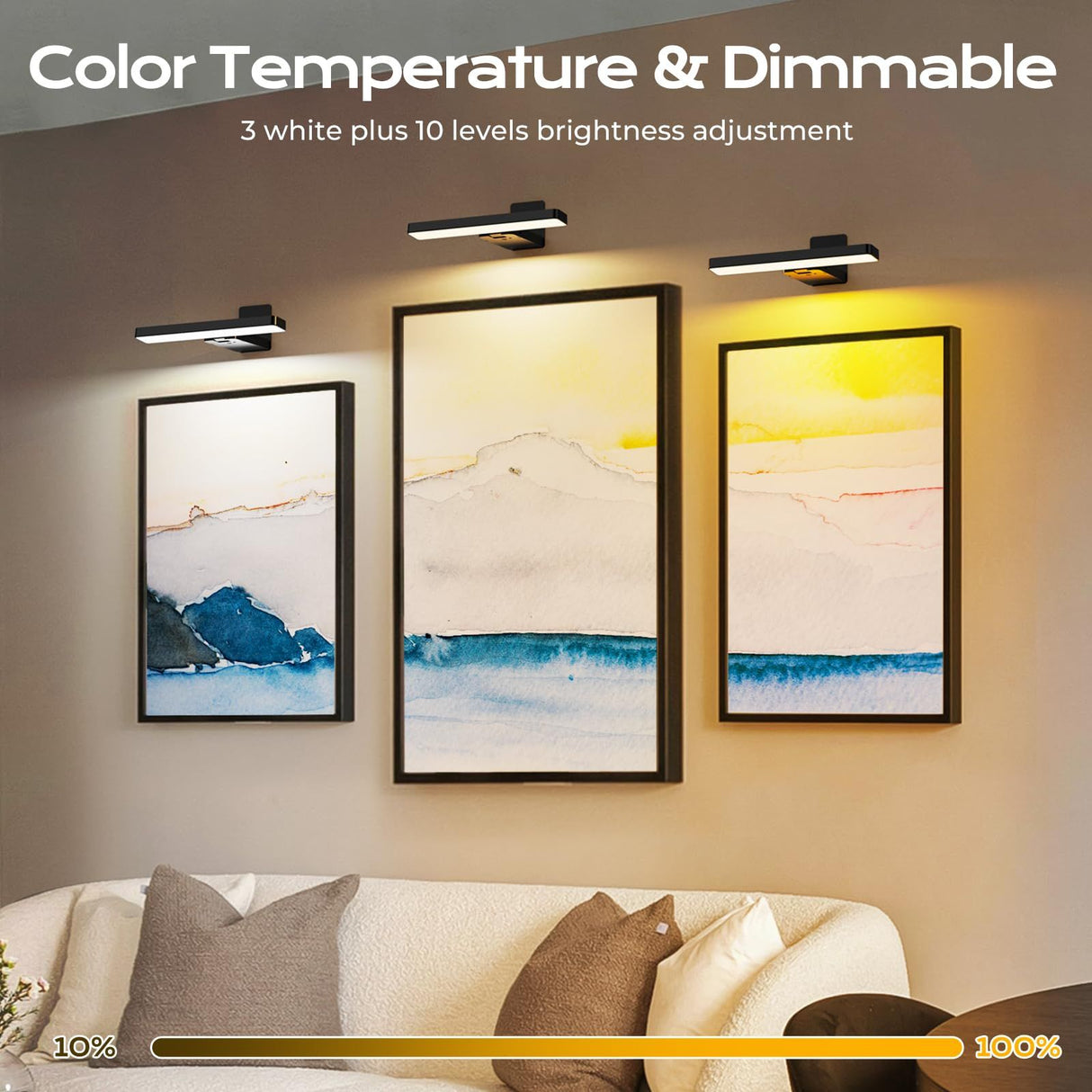 Rechargeable LED Picture Light, Black Cordless Wall Light with Remote Control, 3 Colour Temperatures, 10 Brightness Levels, 180° Adjustable Head, Timer, USB-C Charging 2 Pack Black