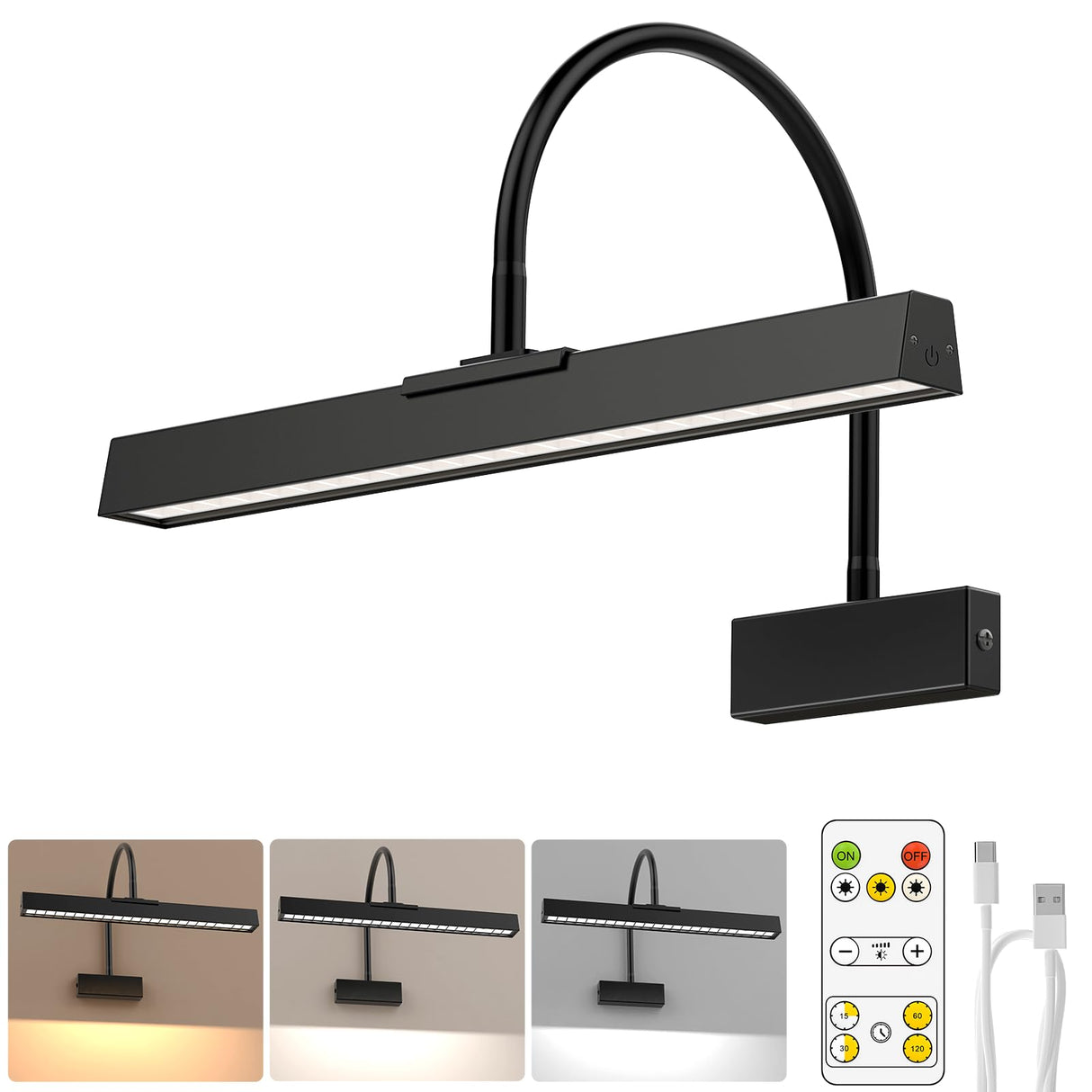 Picture Frame Light with Remote, Wireless 16 Inch Black Art Light, Battery Operated Picture Light with 3 CCT, Dimmable and Timer Wall Picture Lights for Painting, Wall, Gallery, Artwork, Frame