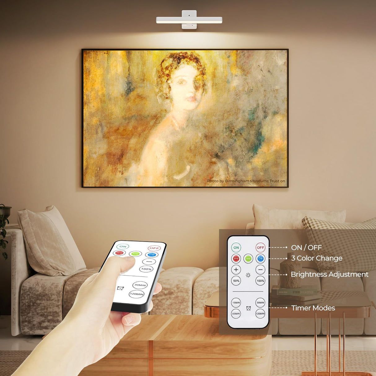 White Rechargeable Picture Light with Remote, Dimmable 3 Colour LED Wall Light for Artwork, Frames, Mirrors and Gallery Walls
