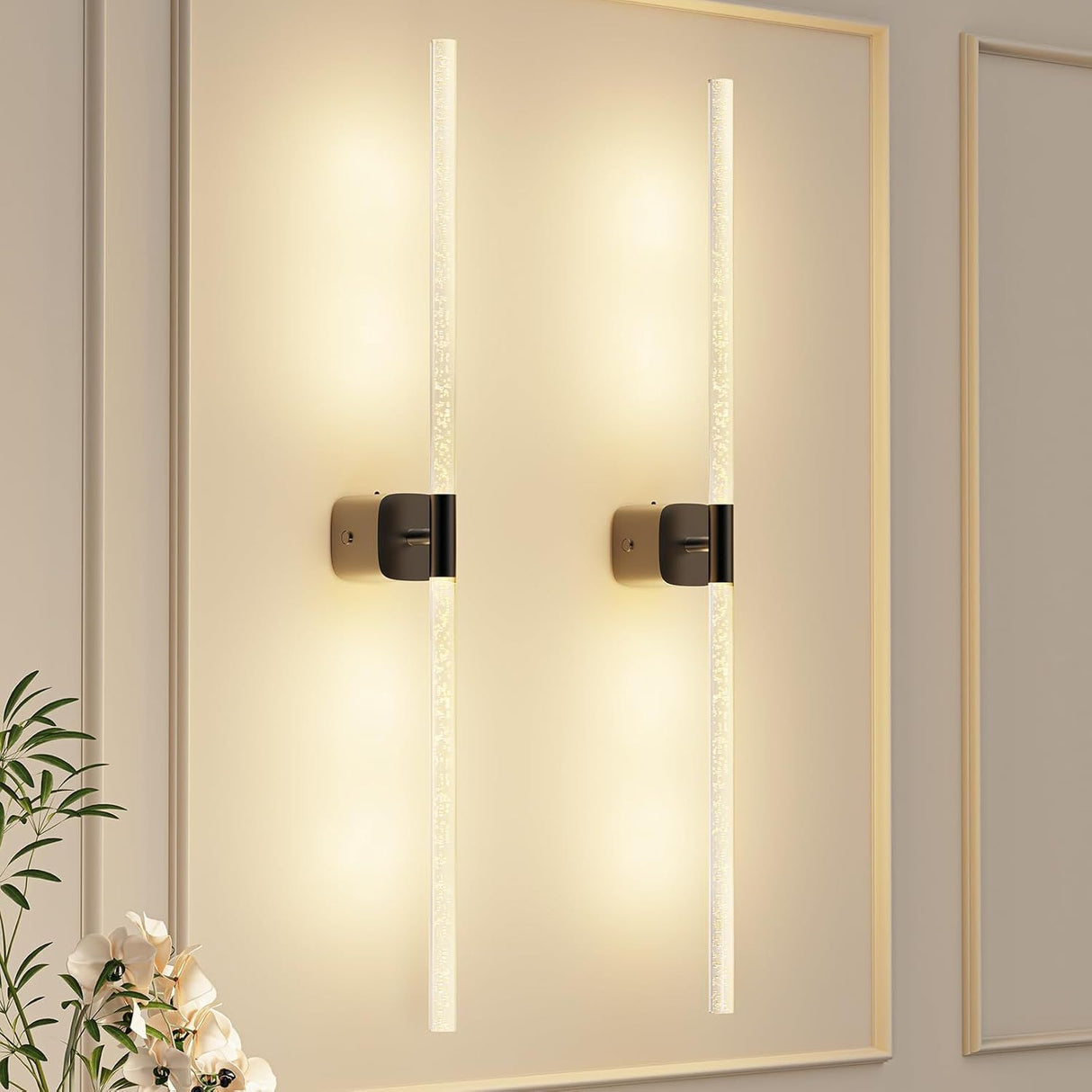 Black Battery Operated Wall Sconce Set of 2, Rechargeable Wireless Wall Lights with Remote and Touch, 360° Rotatable Sconces Wall Decor for Bedroom Living Room (31.49 Inch, 2-Pack)