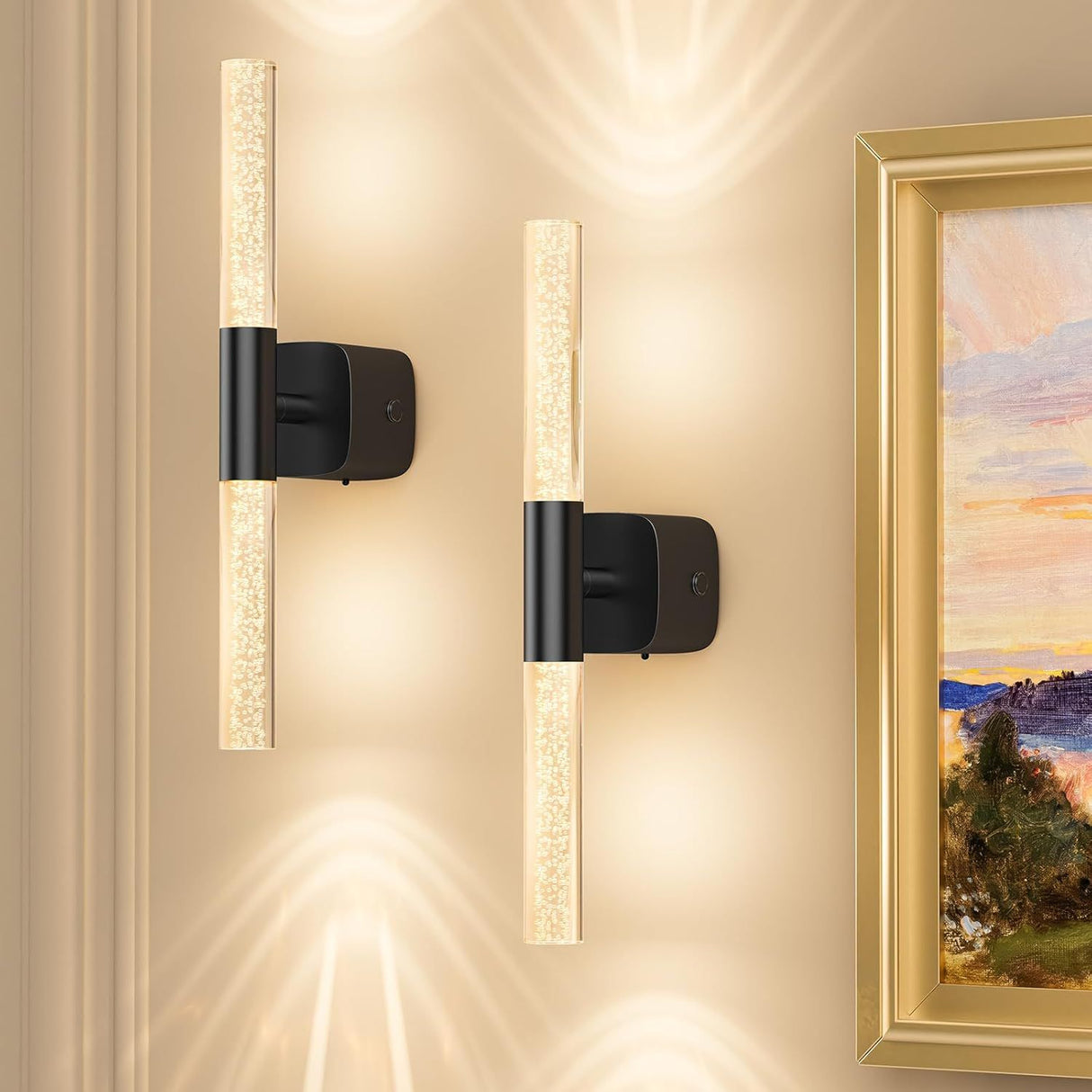 Battery Operated Wall Sconce Set of 2 Black Rechargeable Crystal Sconce Wall Decor Set of 2 with 12000mAh 16" CCT Dimmable 350° Rotate Remote Wireless Wall Light for Bedroom Living Room