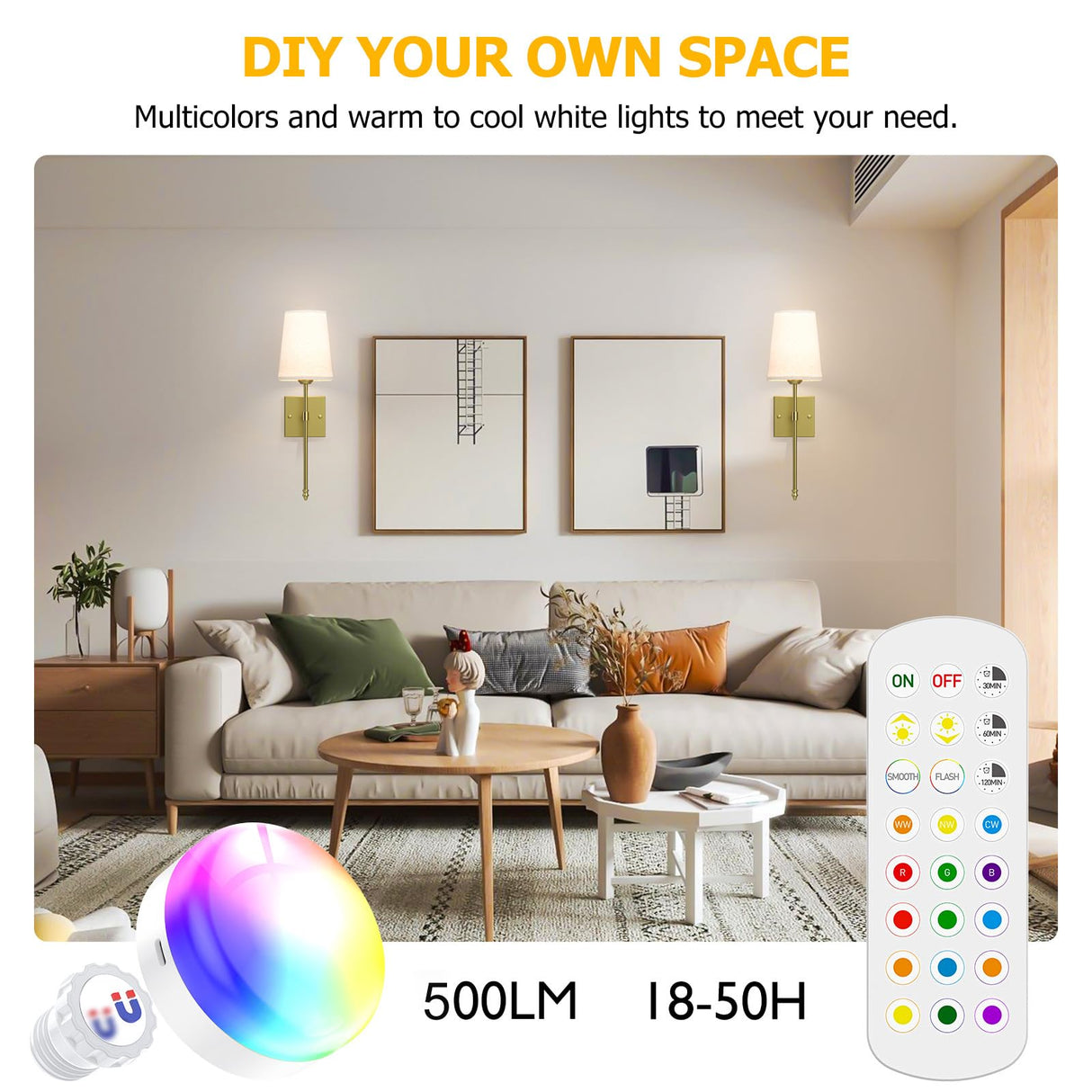 Battery Operated Wall Sconce, 5000mAh Rechargeable Dimmable RGB Wall Sconce Set of 2 with Remote, 3 Color Temperature Indoor Battery Powered Wall Lamp Light for Bedroom Living Room