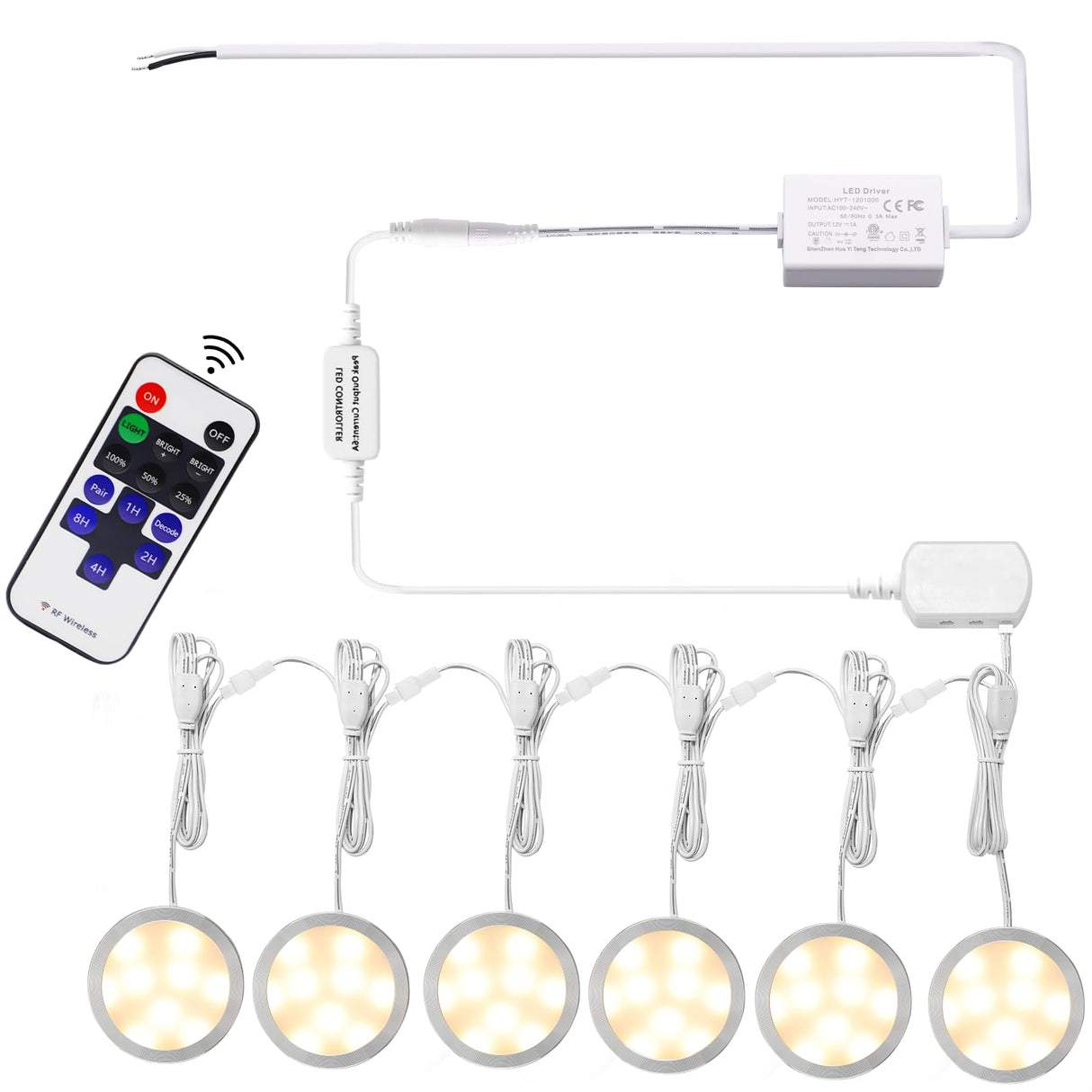Linkable Under Cabinet LED Lighting 12V Dimmable Puck Lights Hardwired with Wireless RF Remote Control for Kitchen Mood Lighting(6 Lights, Warm White)