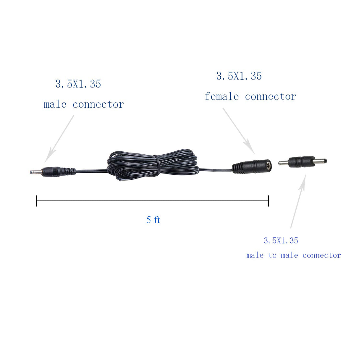 3.5X1.35 DC Connector for AIBOO Single White Kitchen Light Bar, 22AWG,Black Extension Cords,5ft.(3.5 X 1.35 mm Black Cords,4 Packs)