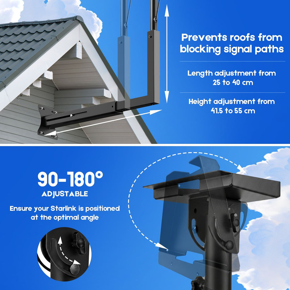 Long Arm Mount for Starlink Gen 3 Standard, Adjustable Telescoping Roof & Wall Bracket, 90°–180° Angle, 25–40cm Extension, Heavy-Duty Weather-Resistant
