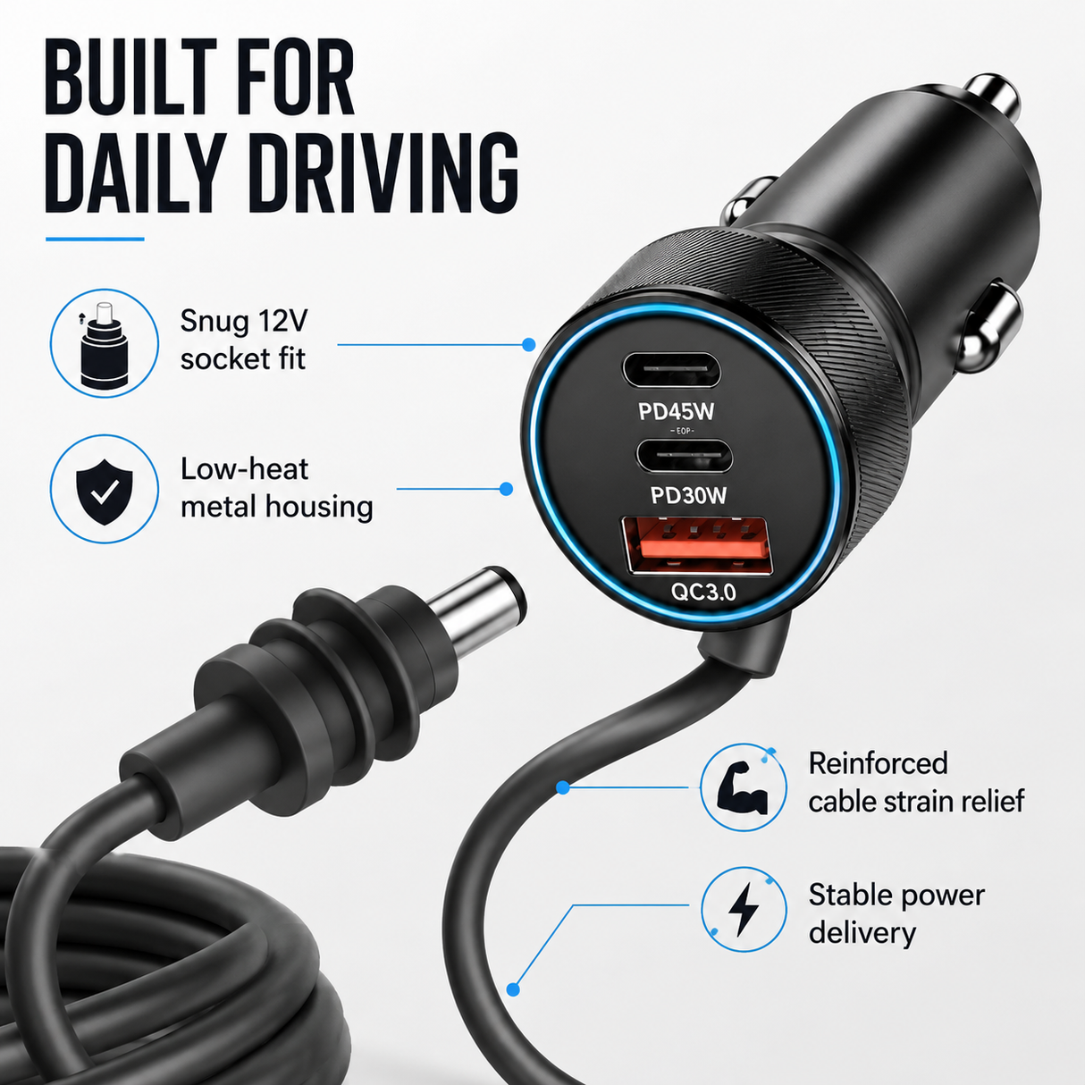 Aumerage Car Charger for Starlink Mini, DC Cable & Cigarette Adapter 3M | 3-in-1 12V-24V USB-C USB QC 3.0 + 45W/30W PD, 16AWG Waterproof for Camping, RV & Off-Grid