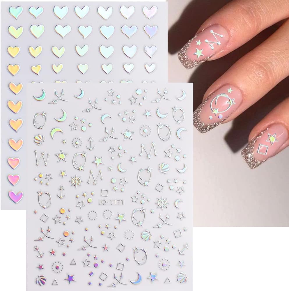 Aurora Nail Stickers 8 Sheets 3D Holographic Laser Heart Star Moon Flower Butterfly Nail Decals Self-Adhesive