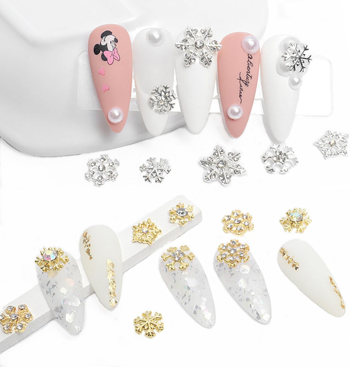 20pcs Snowflake Nail Charms with Rhinestones Silver Gold Christmas Decorations Alloy Nail Jewelry Snowflake Nails Design 3D Charms for Nails Decor DIY Craft Home&Salon