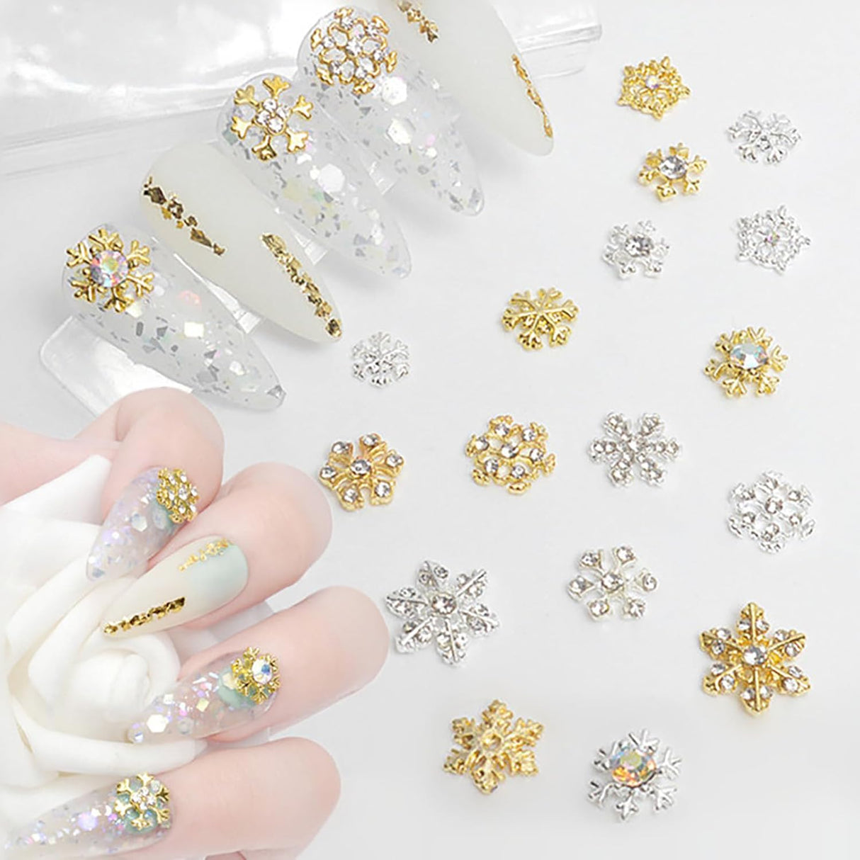 20pcs Snowflake Nail Charms with Rhinestones Silver Gold Christmas Decorations Alloy Nail Jewelry Snowflake Nails Design 3D Charms for Nails Decor DIY Craft Home&Salon