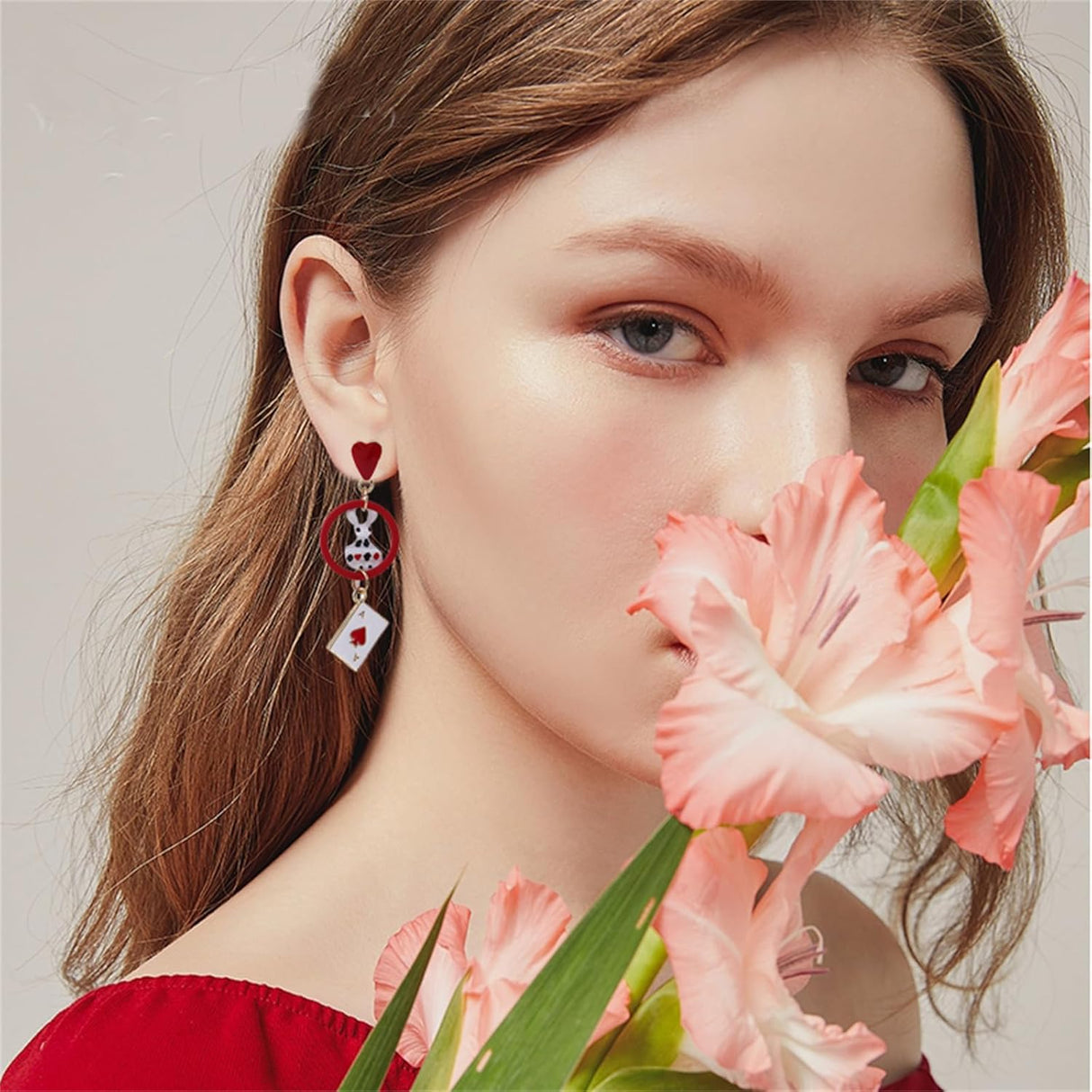 Playing Card Earrings for Women Red Heart Queen Poker Earrings Delicate Fashion Asymmetric Rabbit Love Heart Pearl Poker Dangle Drop Earrings Gambling Casino Chic Jewelry