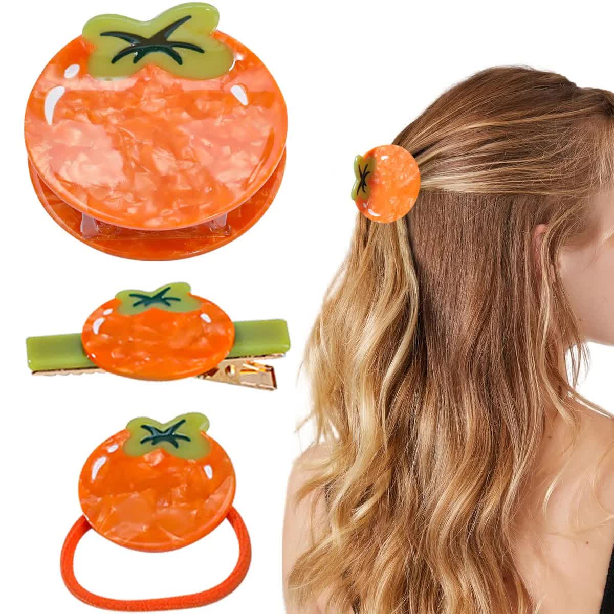 3 PCS Orange Persimmon Hair Clip Fruit Claw Clips Acetate Claw Clip Orange Shape Cellulose Acetate Hair Clips Small Hairpin Cute Fruit Hair Claws Funny Persimmon Hair Clip for Women Girls