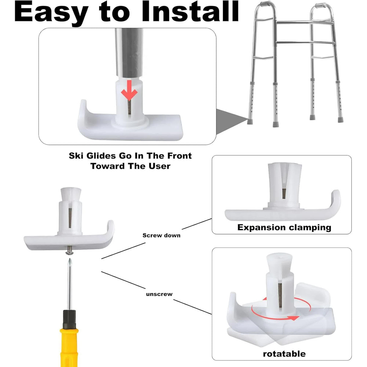 Walker Ski Glides, Universal Fit Walker Glides Mobility Accessory for Seniors, Walker Accessories for Safety and Stability, White, 4 Pack