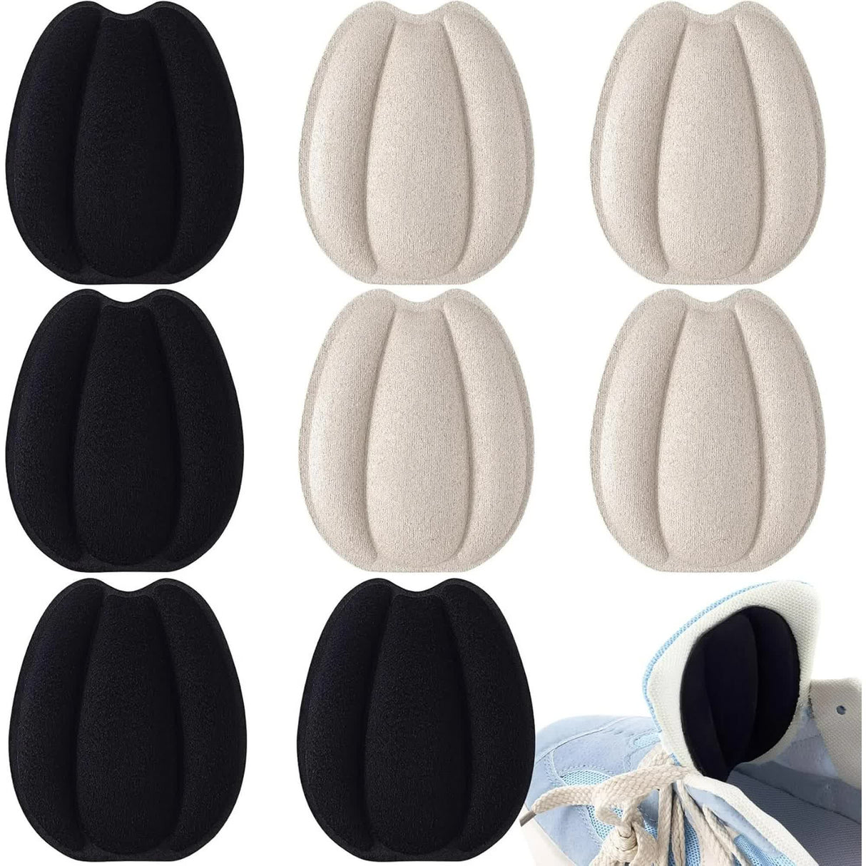 4 Pairs Self Adhesive Tongue Pads for Shoes Too Big, Non Slip Tongue Cushion Insert for Loose Shoe Size Reducer, Shoe Filler Shoe Heel Inserts for Men Women, Size Large (Black+Beige)