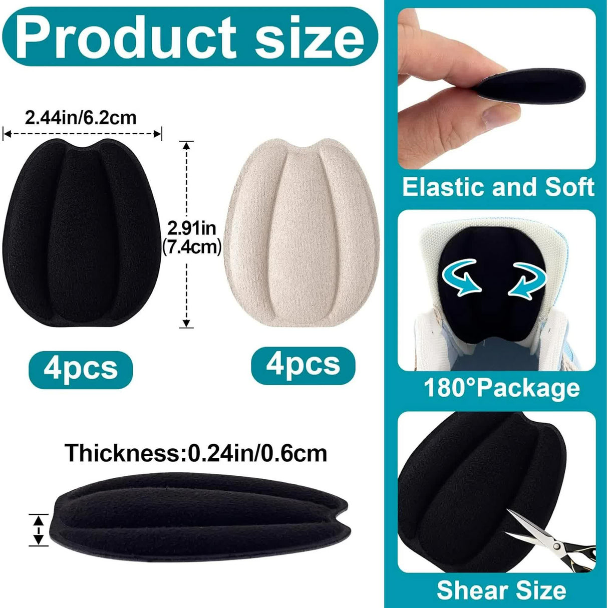 4 Pairs Self Adhesive Tongue Pads for Shoes Too Big, Non Slip Tongue Cushion Insert for Loose Shoe Size Reducer, Shoe Filler Shoe Heel Inserts for Men Women, Size Large (Black+Beige)