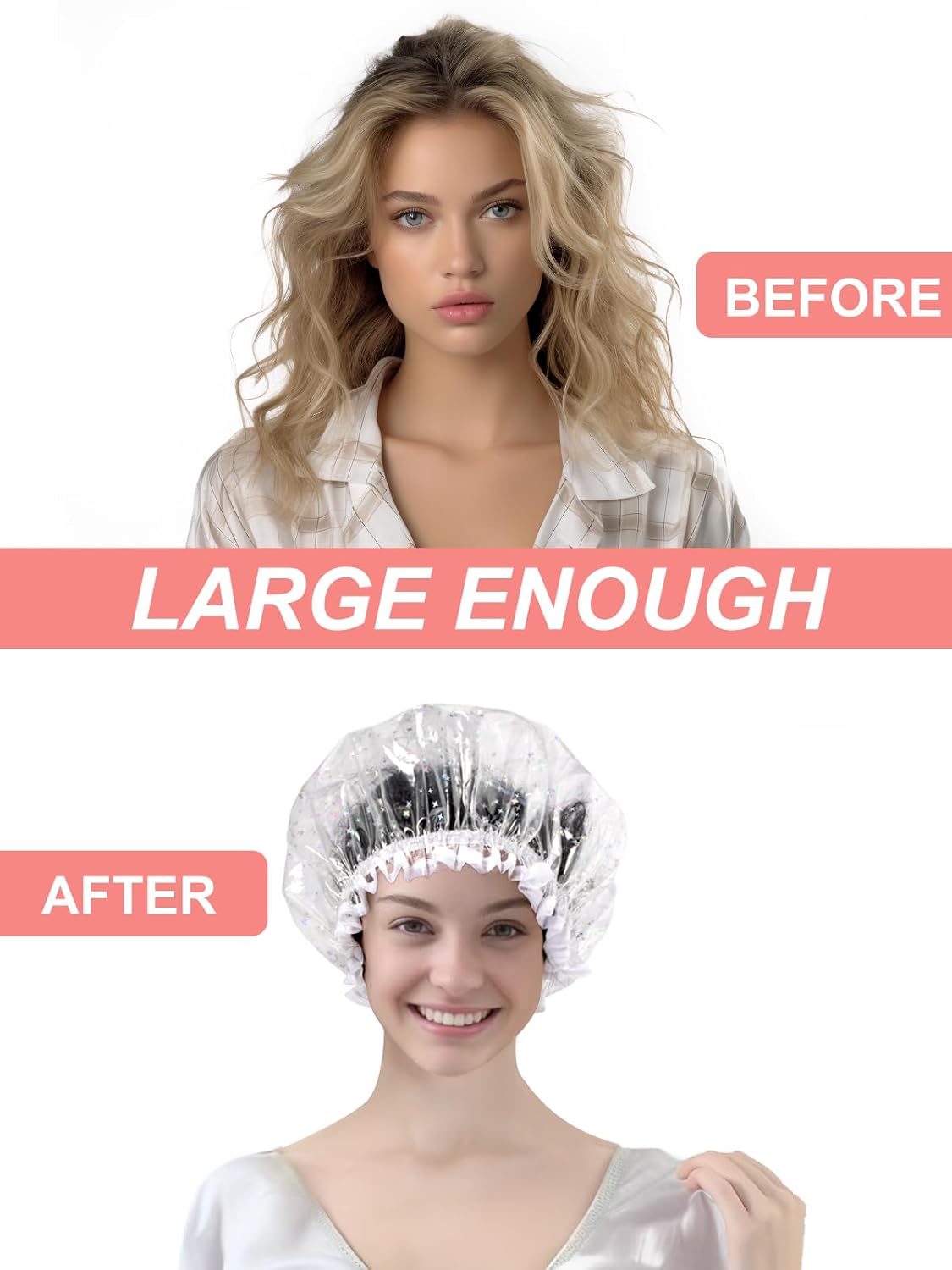 Luxury Shower Cap Reusable Waterproof for Women Sequin Lined Hair Cap for Shower Plastic Cap for Long Hair Large Double Layer Bath Cap Travel Essential & Cleaning Supplies