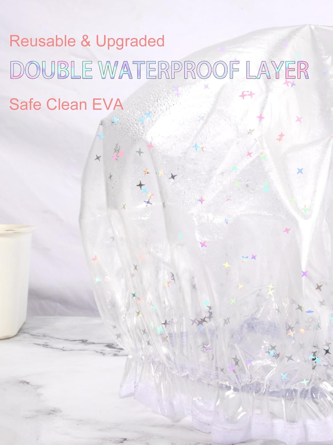 Luxury Shower Cap Reusable Waterproof for Women Sequin Lined Hair Cap for Shower Plastic Cap for Long Hair Large Double Layer Bath Cap Travel Essential & Cleaning Supplies