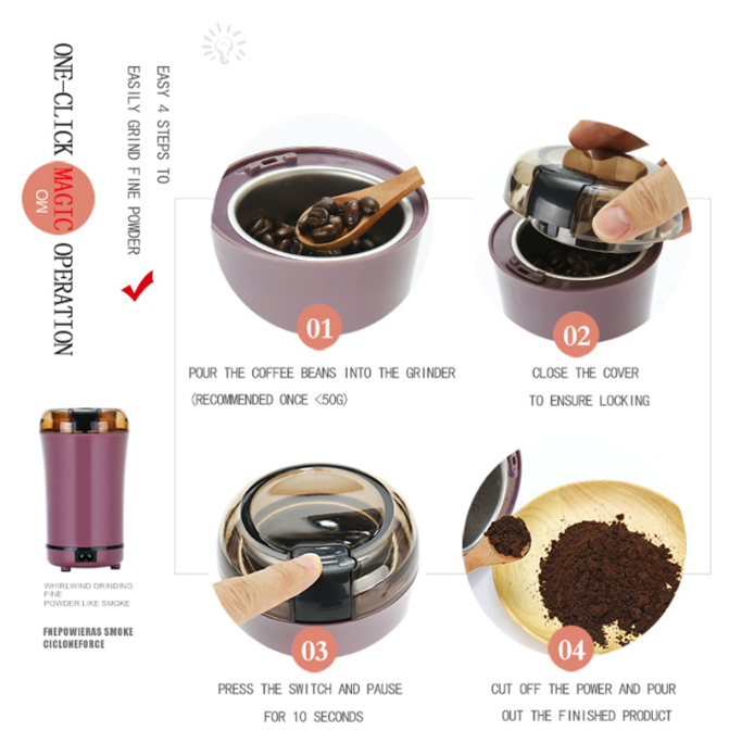 Mini coffee Machine, Portable coffee Grinder with Transparent Protective Cover and Brush, 150W Strong Motor Power and Efficient Grinding, Silent and Practical, for Home and Kitchen