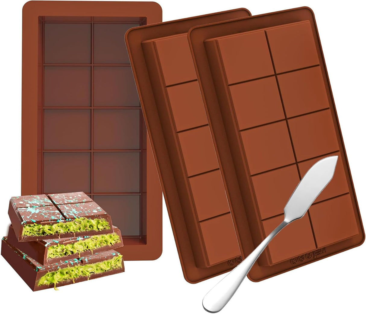 3 PCS Silicone Chocolate Bar Molds with 1 spatula,3/4 Inch Thick Non-Stick Chocolate Mold,Large Deep Cavity Chocolat Silicone Mold for Stuffed Chocolate Bars Knafeh Pistachio Chocolat